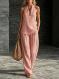 Women's Striped Halter V-Neck Sleeveless Casual Two-Piece Outfit