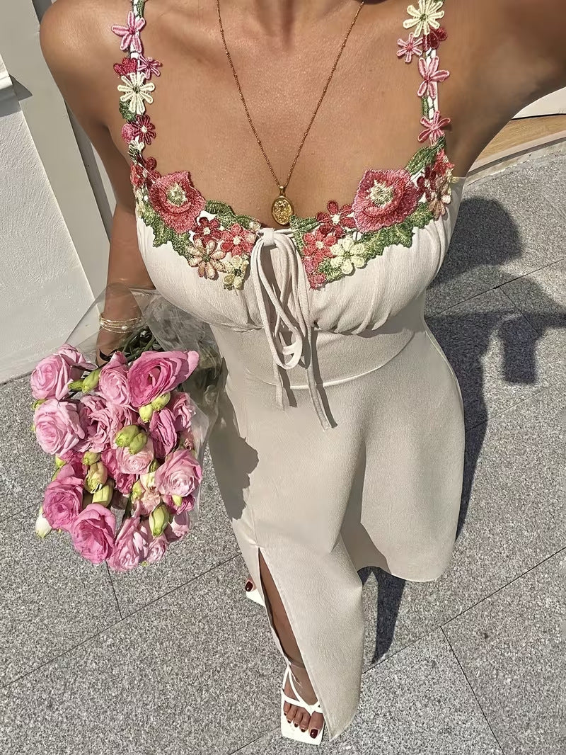 Women's Floral Appliqué Spaghetti Strap Maxi Dress with French Neckline, Tie-Up Waist, Side Slit, Slim Fit Summer Dress