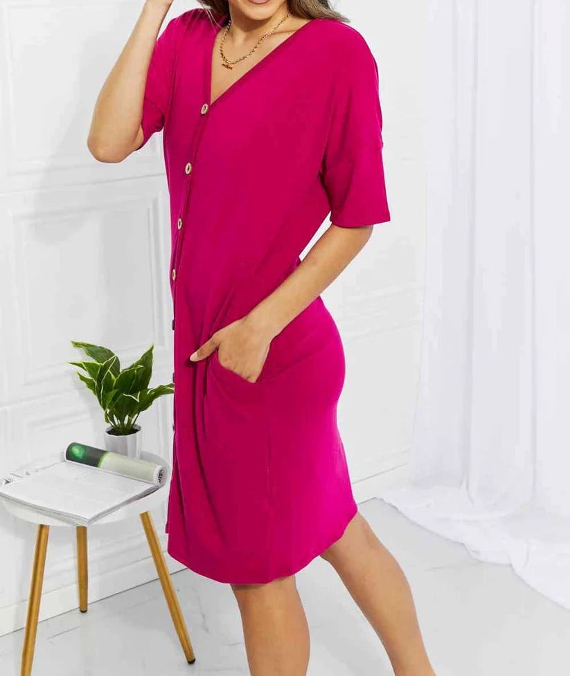 Women's BOMBOM Sunday Brunch Button Down Knee-Length Dress in Magenta