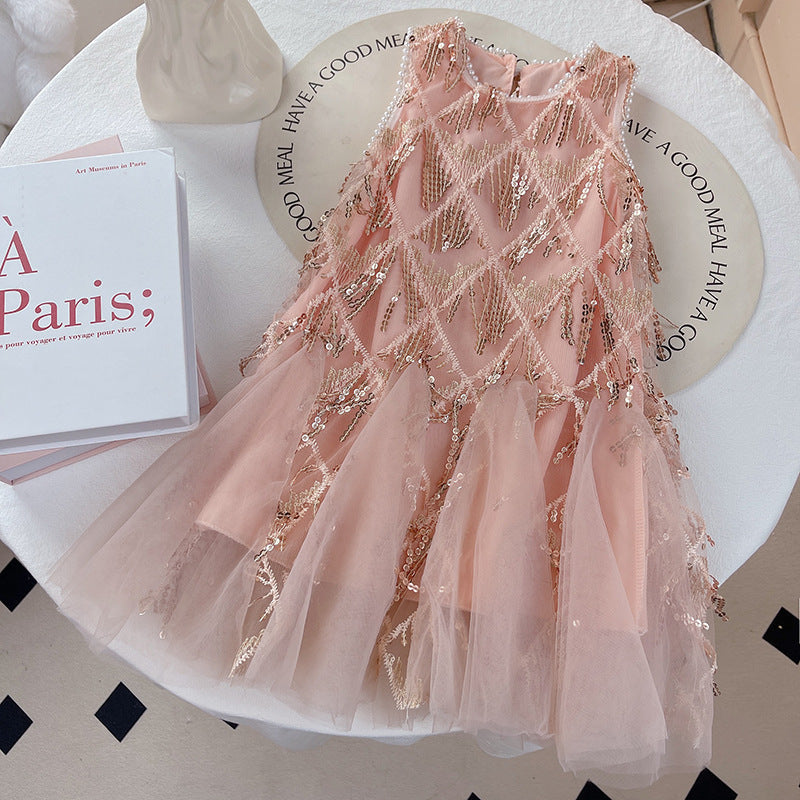 Summer New Girls’ Pearl Vest Dress – Elegant Princess Skirt for Medium and Large Children - RAC25JP3271GDRESS