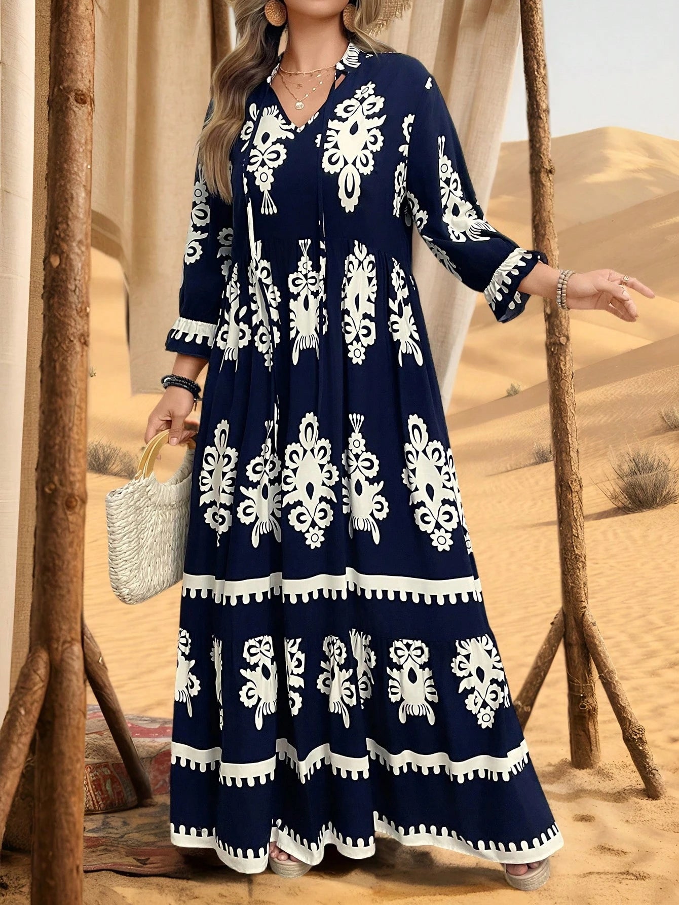 Women's Vintage Print V-Neck Long Dress, Plus Size High Waist Tie Waist Loose Fit Casual Fashion Maxi Dress