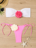 Style Swimsuit for Women - Color Block 3D Floral Strapless Bikini Two-Piece Beach Set