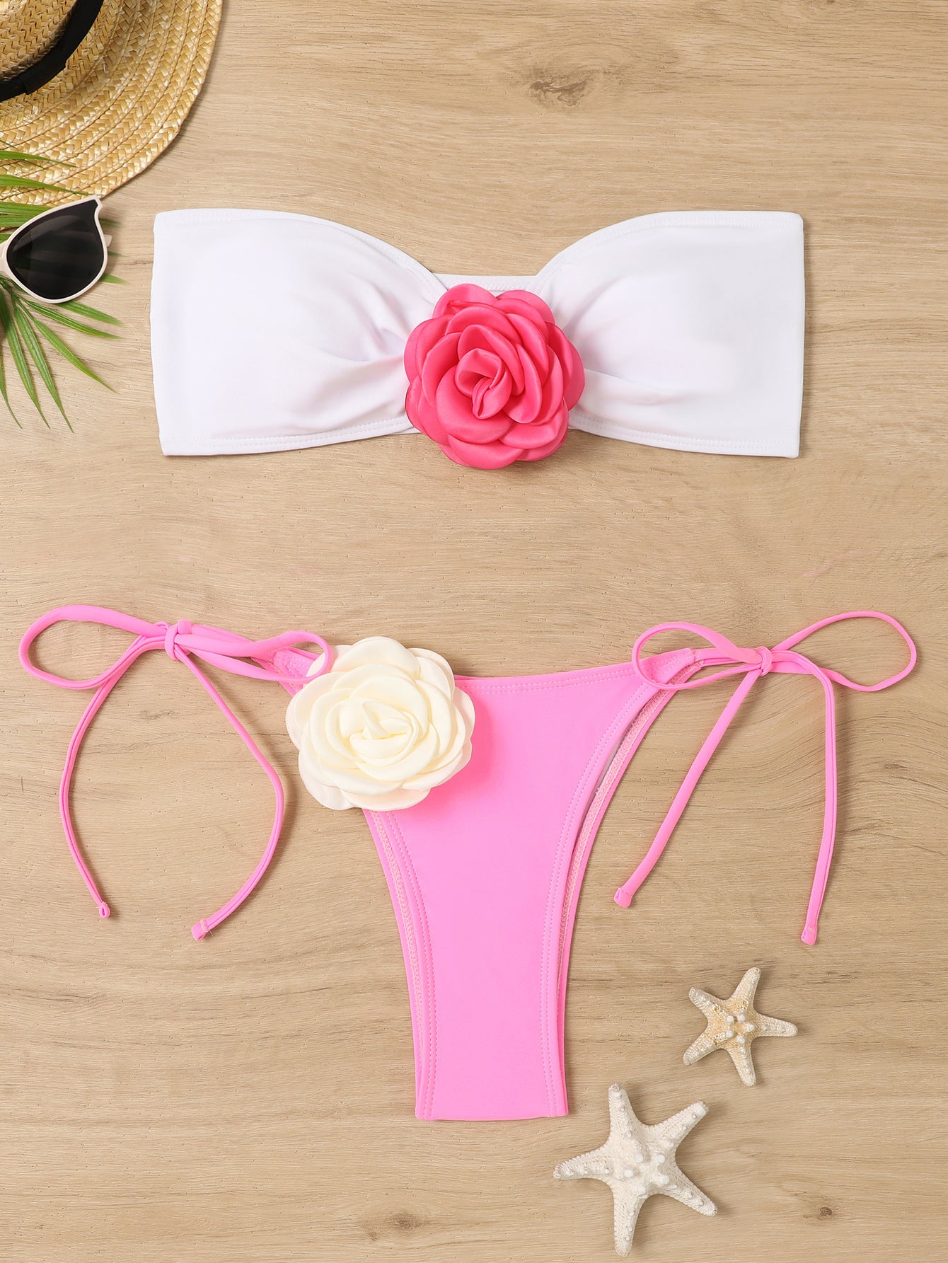 Style Swimsuit for Women - Color Block 3D Floral Strapless Bikini Two-Piece Beach Set