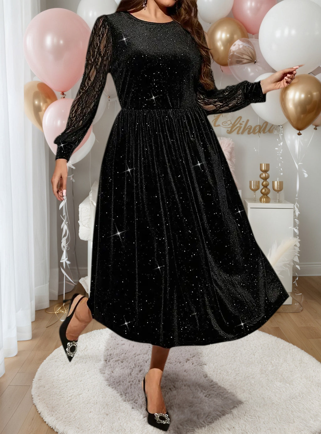 Plus Size Women's Long Sleeve Lace Spliced Midi Dress Elegant Round Neck Casual Party Dress