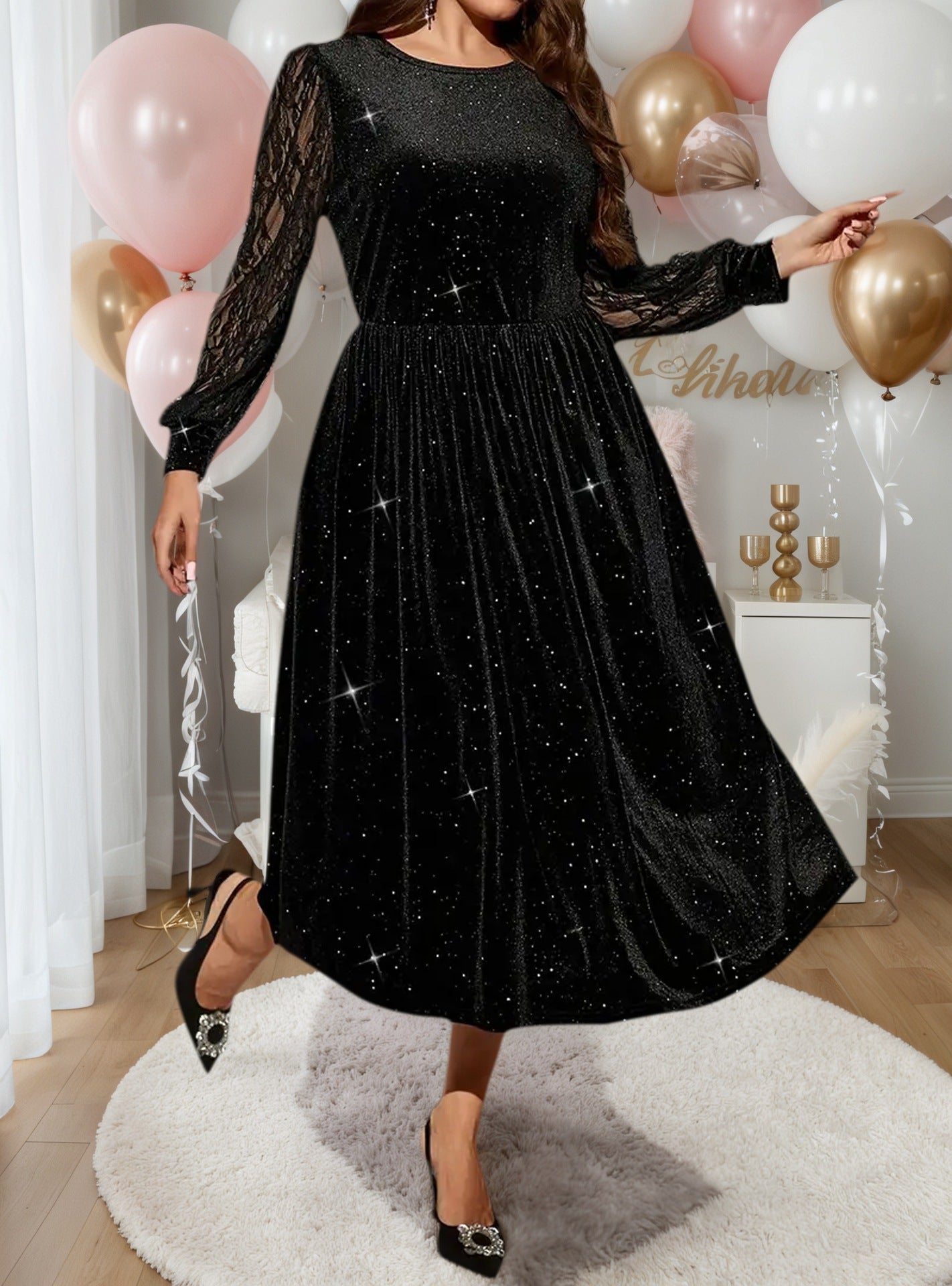Plus Size Women's Long Sleeve Lace Spliced Midi Dress Elegant Round Neck Casual Party Dress
