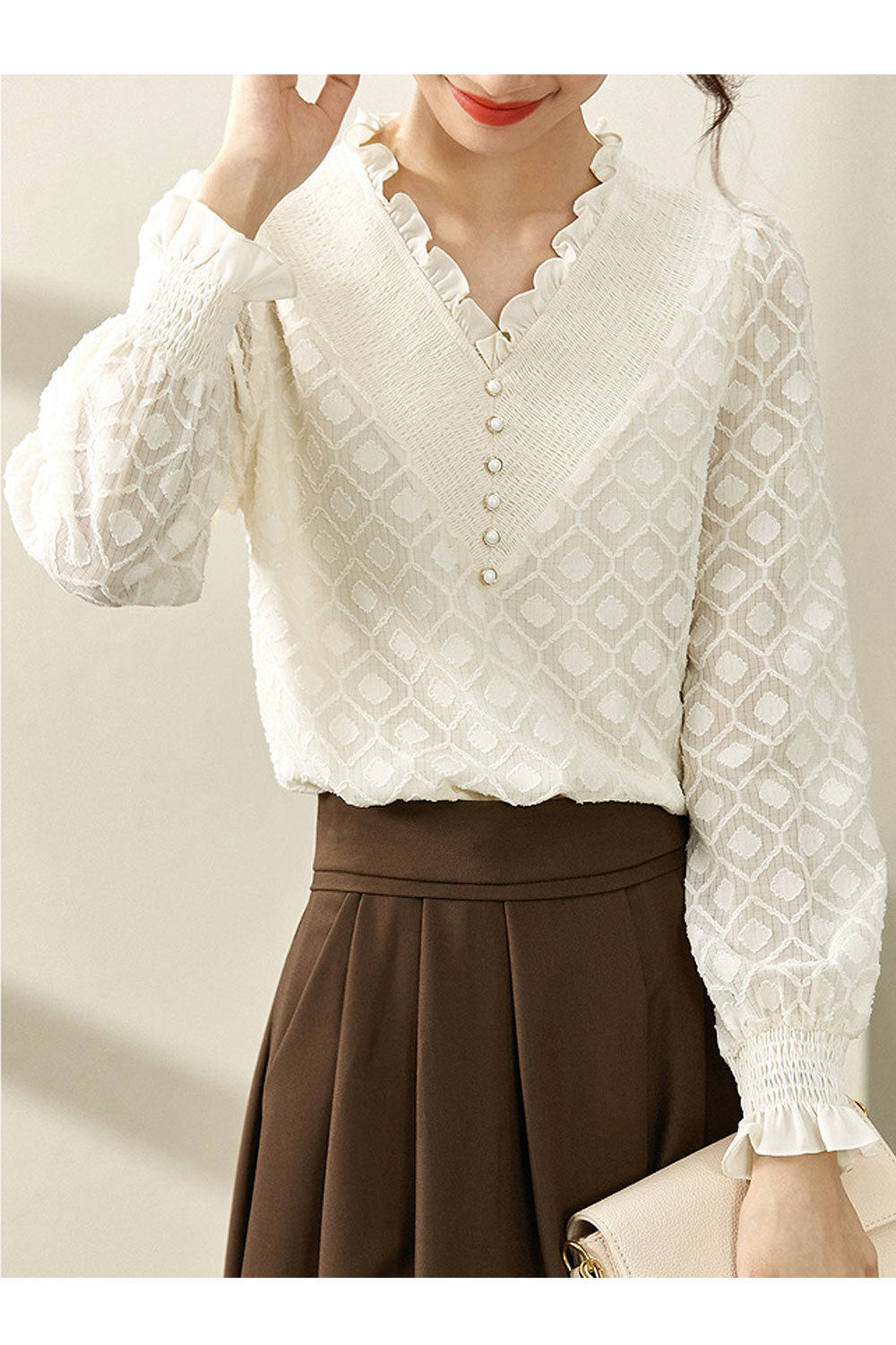 Women Ruffled V-Neck Puff Sleeve Chiffon Blouse Spring Long-Sleeved Shirt