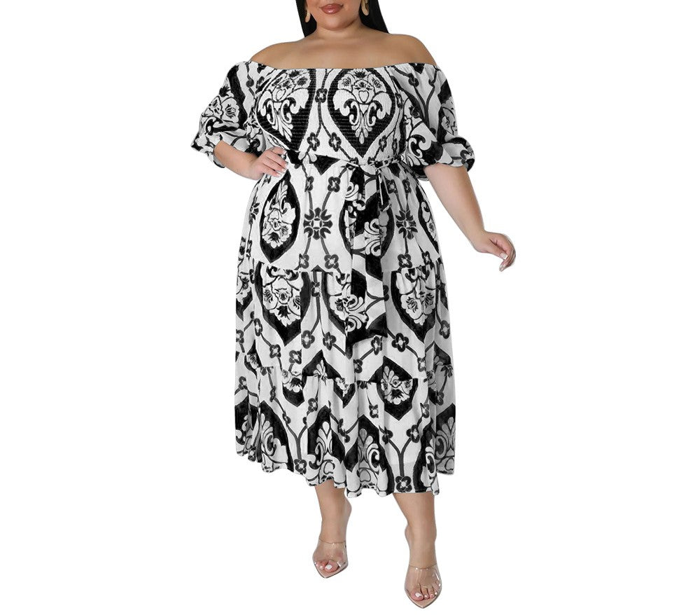 Summer New Style Printed Short-Sleeved Lace-Up Pleated High Waist Plus Size Dress