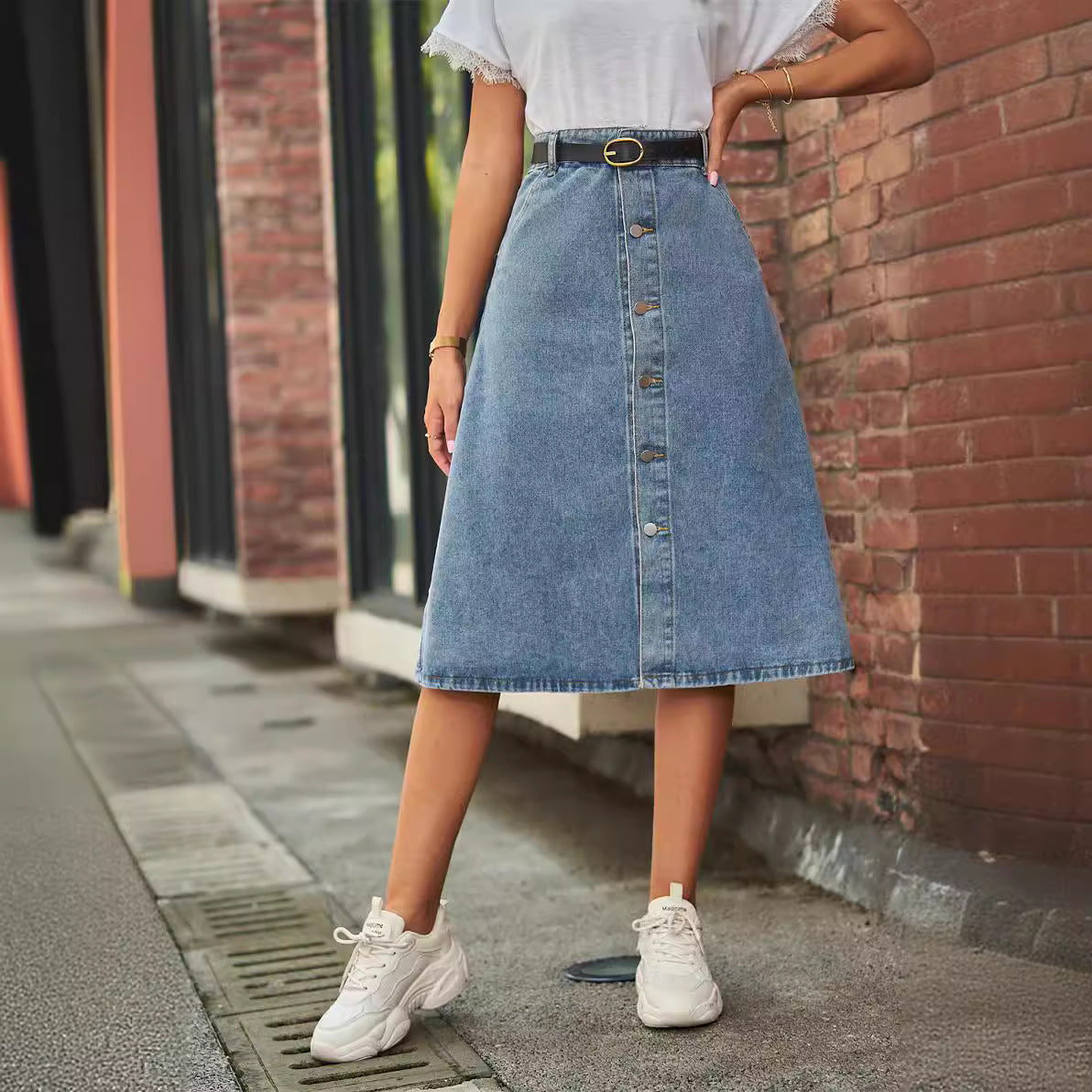 Slimming Washed Denim One-Button Midi Skirt for Women