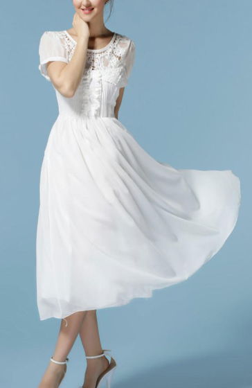 Women Round Neck Pleated Waist Chiffon Dress