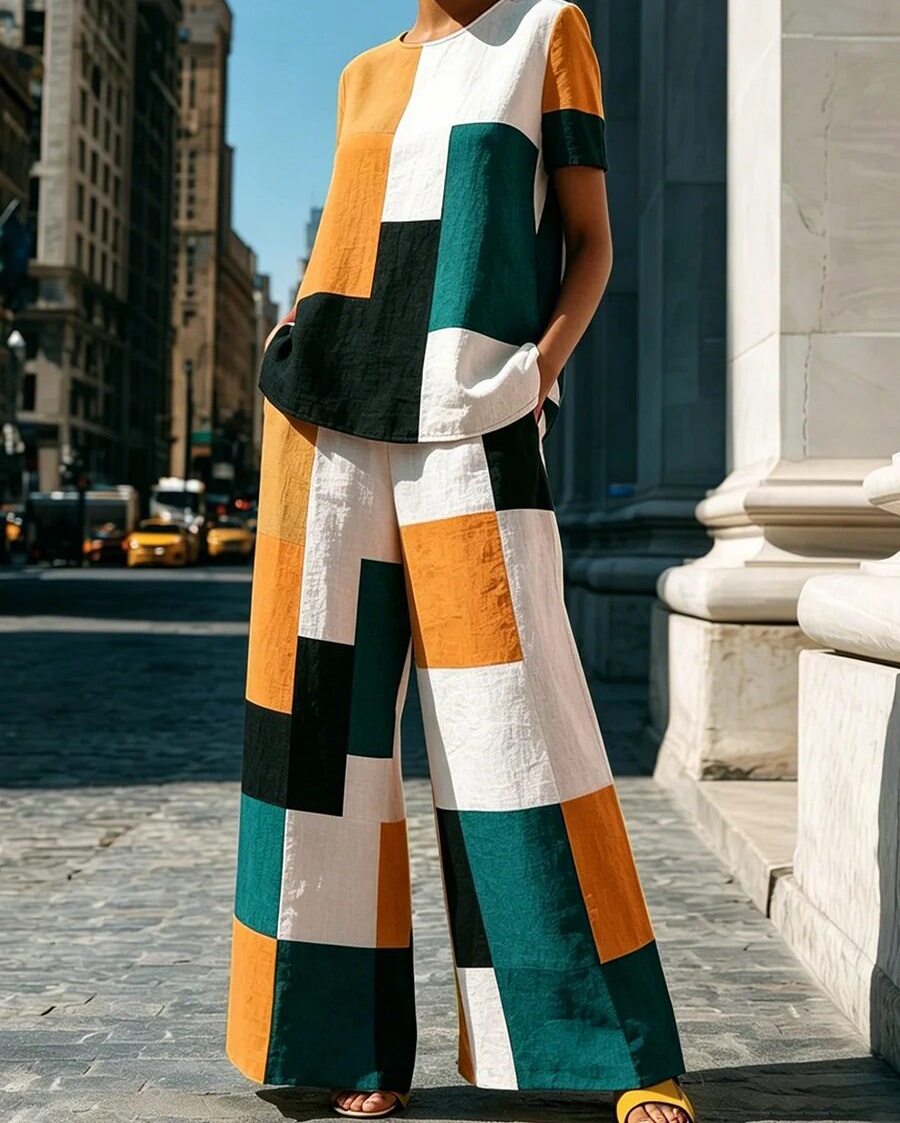 Women's Casual Fashion Graffiti Color Block Two-Piece Set