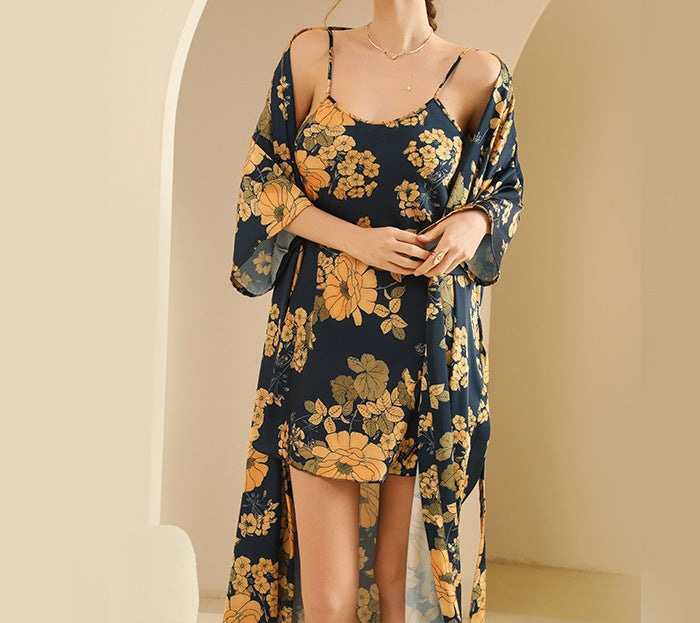 Printed Ice Silk Bathrobe Set for Women - Summer Mid-Sleeve Plus Size Bridal Morning Robe