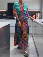 Women's Summer Printed V-Neck Short Sleeve Loose Waist Dress