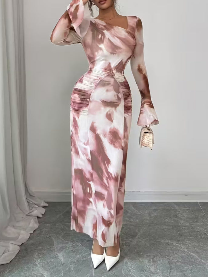 Women's Tie-Dye Printed Pleated Bell Sleeve Maxi Dress with Elegant Long Flowing Skirt
