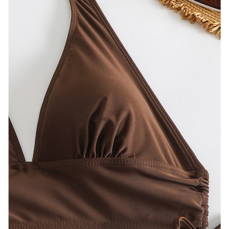 New Solid Color Lace-Up Neck Bikini Briefs Split Swimsuit for Women