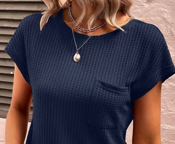 Summer New Round Neck Knitted Patch Pocket Short Sleeve Casual Versatile T-Shirt Top for Women