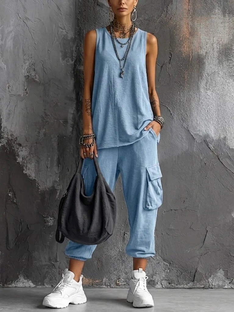 Women's Solid Color Round Neck Knitted Vest & Pocket Casual Pants Set (2-Piece)