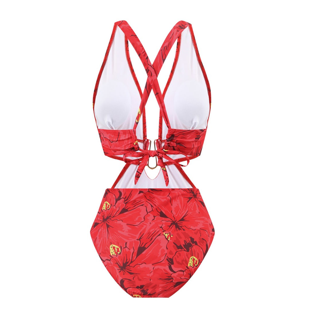 New Style Bikini Digital Print Hollowed-Out Deep V Mesh Set - Beach & Sun Protection