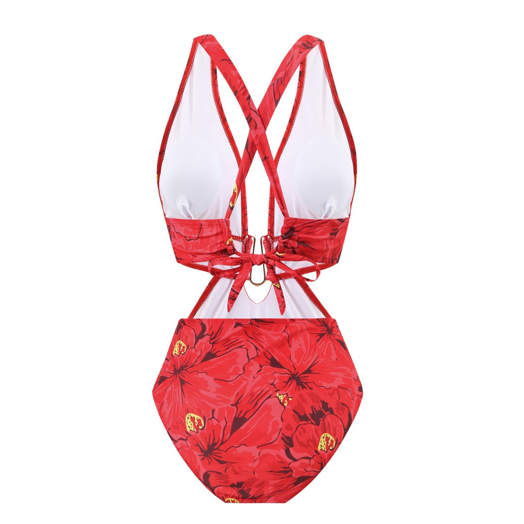 New Style Bikini Digital Print Hollowed-Out Deep V Mesh Set - Beach & Sun Protection