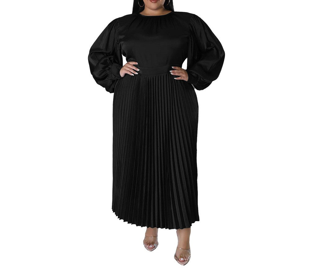 Plus Size Long-Sleeve Pleated Round-Neck Midi Dress for Women – Autumn/Winter Solid Color Casual Elegant Outfit