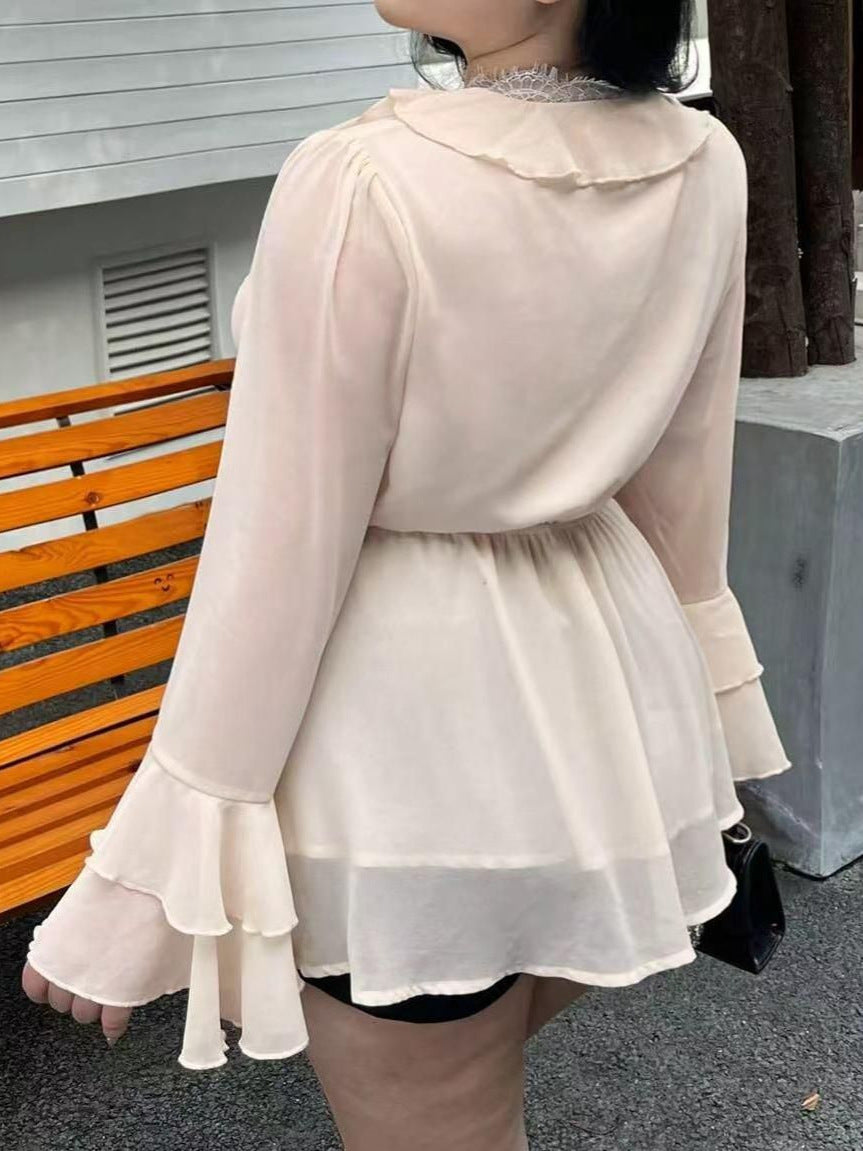 Women's Long Sleeve V Neck Lace High-Waisted Top