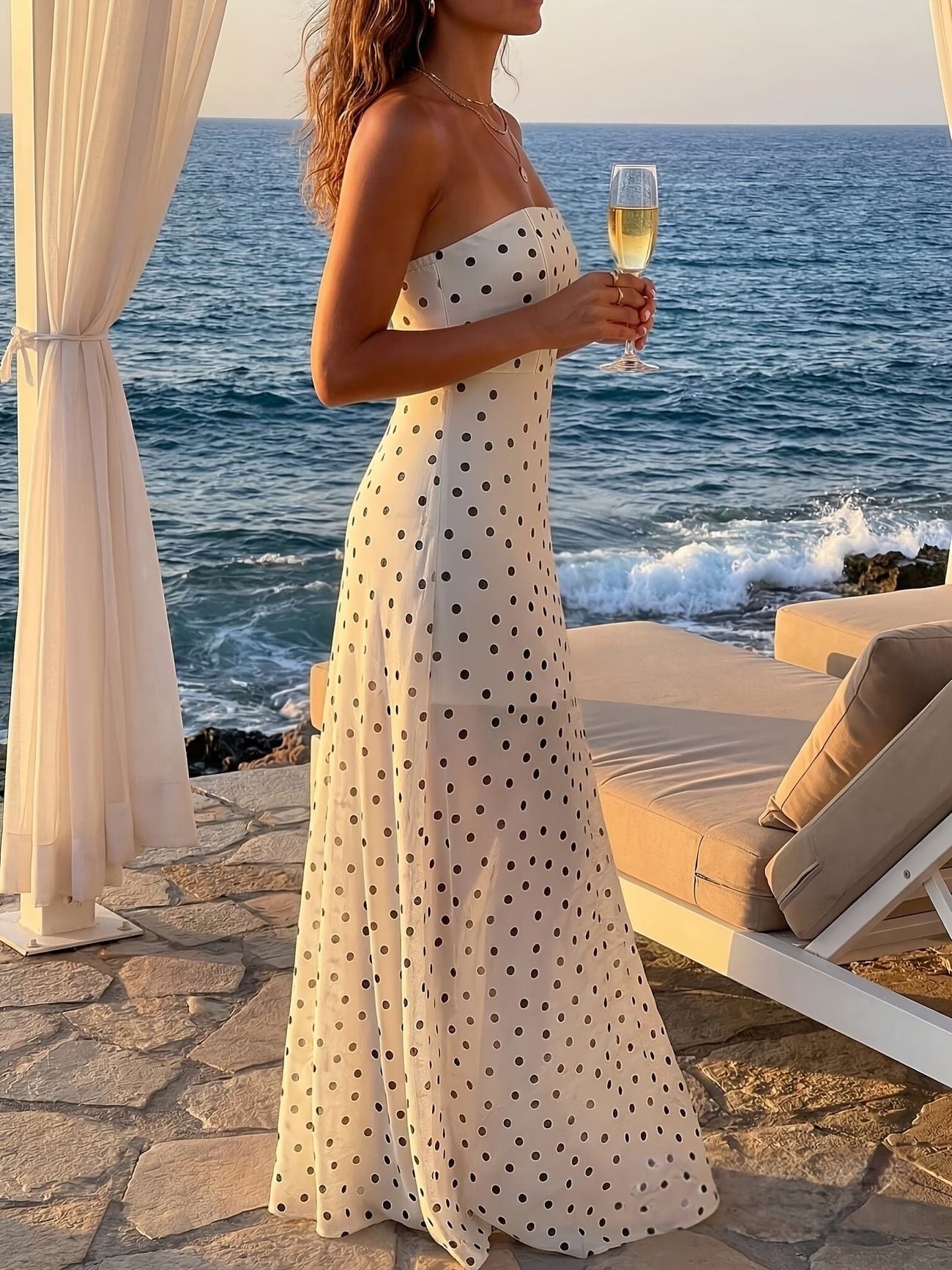 Summer 2026 Women's Strapless Polka Dot Print Beach Maxi Dress – French-Inspired Lightweight Vacation Dress