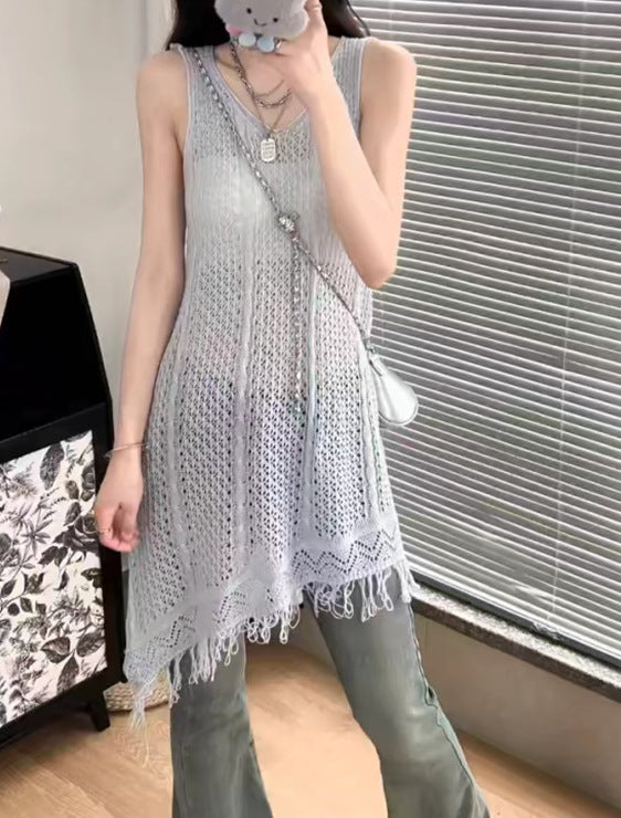 V-Neck Knitted Vest Cover-Up – Loose Fit, Flattering, Versatile Layering Long Top for Summer