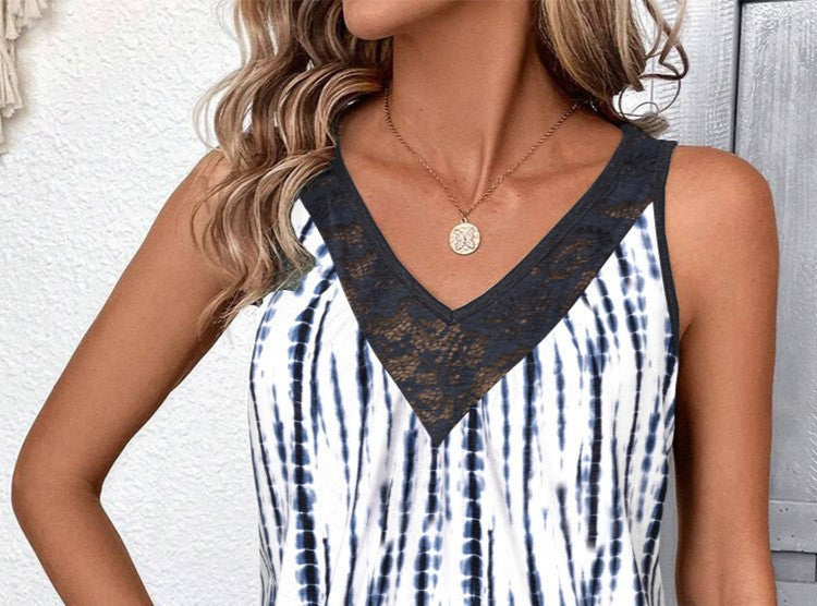 New Summer Women's Clothing Printed Lace V Neck Sleeveless Casual Tops