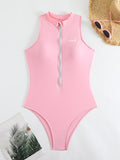 Solid Color High Collar Zipper One-Piece Surfing Suit Bikini Briefs
