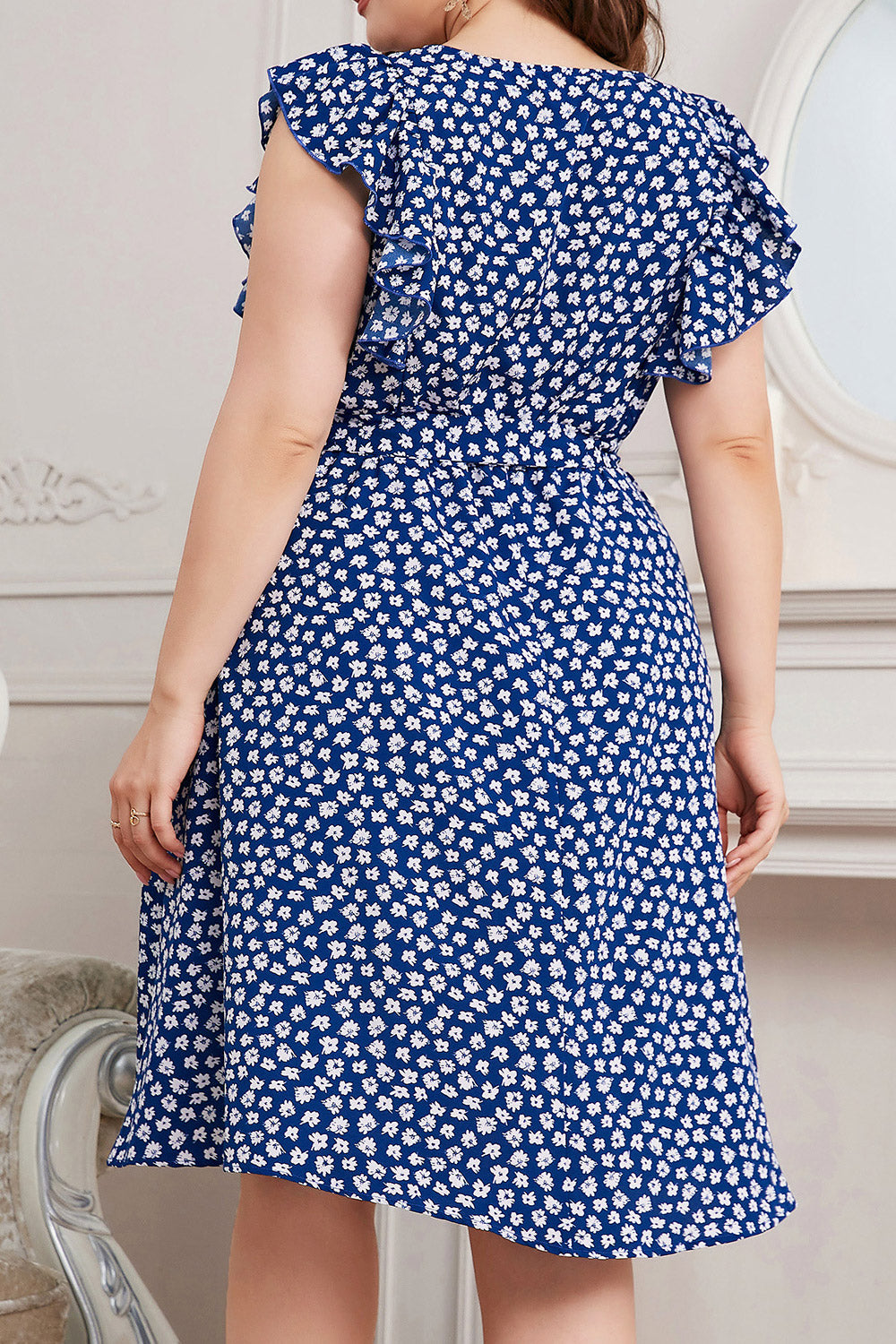 Women Plus Ruffle Short Sleeve Floral Print Elegant Midi Dress