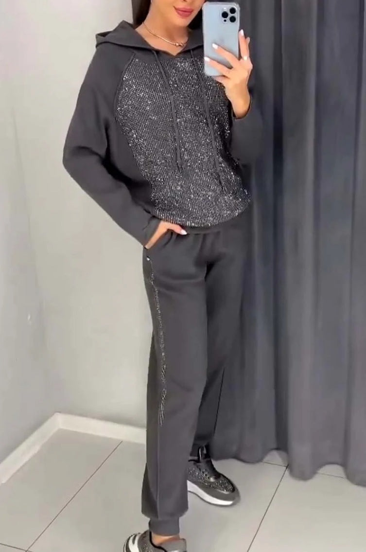 Women's Spring and Autumn Long Sleeve Hooded Neck 2-Piece Casual Lounge Set