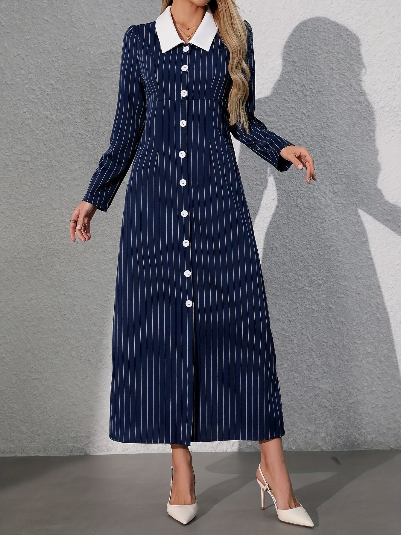 Women's Striped Turn-Down Collar Long Shirt Dress with Side Slit, Button-Front Casual Maxi Dress