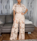 New Spring & Summer Lace Hollow-Out Patchwork Turn-Down Collar Short-Sleeve Shirt and Long Pants Two-Piece Set