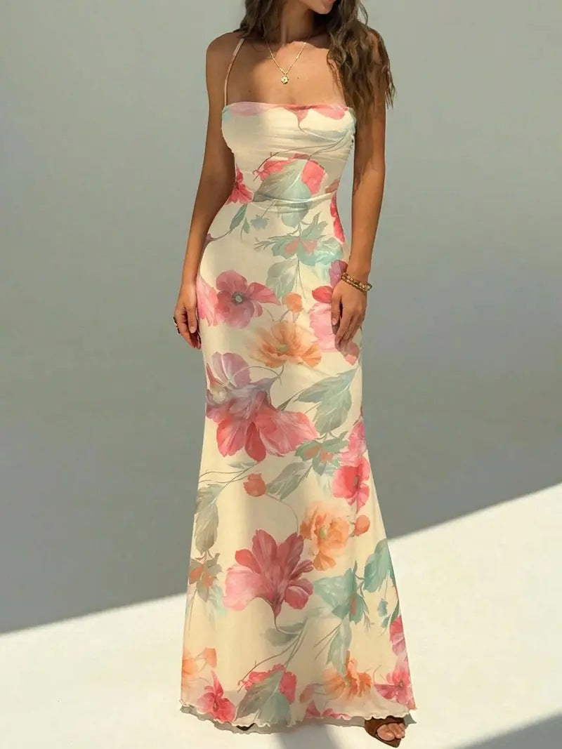 Women's Halter Vacation Dress – Printed Backless Tie-Up Cross-Strap Beach Maxi Dress, Lightweight Summer Holiday Outfit