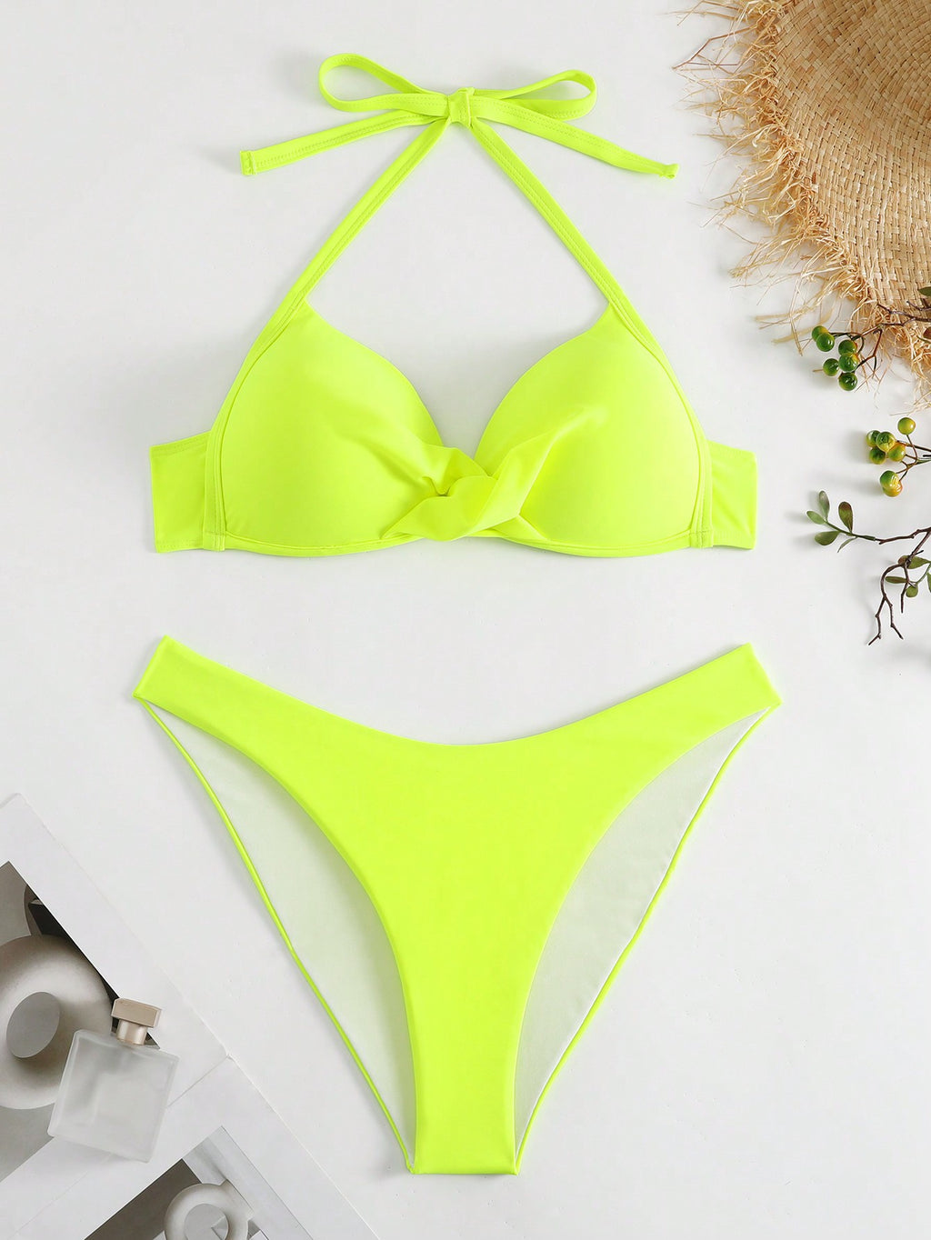 New Solid Color Twist Bag Lace-Up Neck Bikini High Waist Split Swimsuit