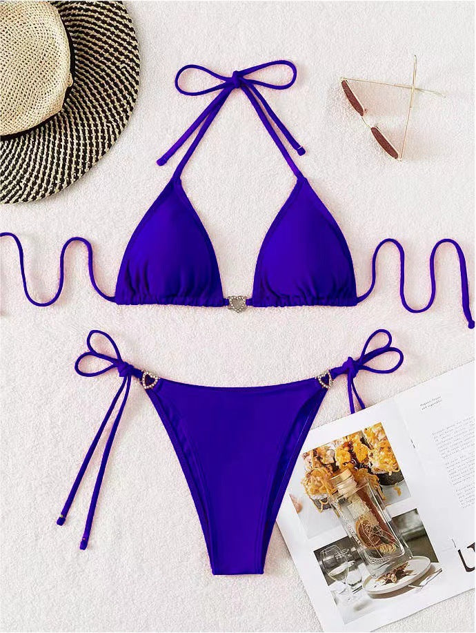 New Solid Color Lace-Up Halter Neck Bikini Triangle Two-Piece Swimsuit for Women