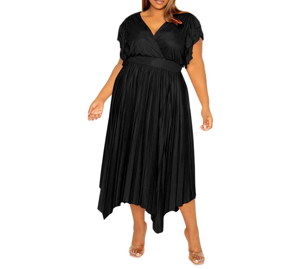 Women’s Plus Size V-Neck Ruffle Sleeve Pleated Maxi Dress – Elegant Spring/Summer Long Dress