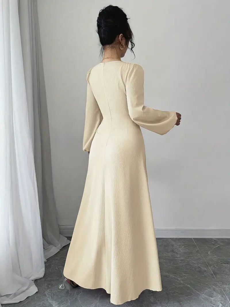 Women's Elegant Beaded Long Sleeve Square Neck A-Line Maxi Dress with Defined Waist