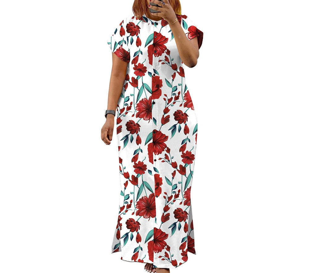 Stand Collar Elegant Waist-Cinching Slit Shirt Dress – Plus Size Casual Chic Long Dress for Women
