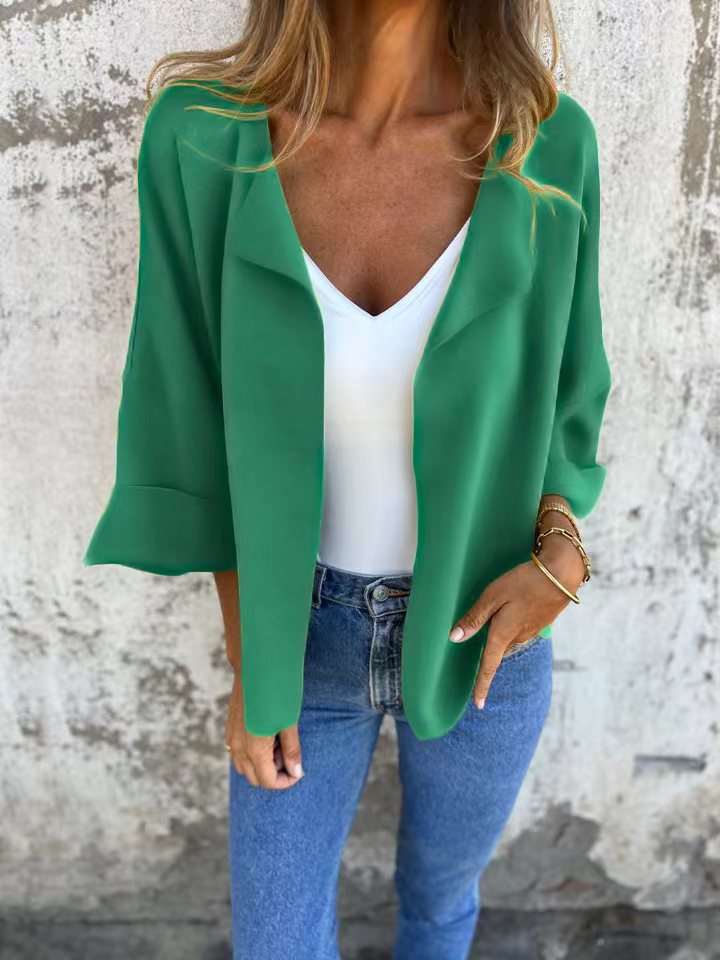 Women's Autumn Solid Color Lapel Long Sleeve Casual Cardigan Jacket – Lightweight Open Front Outerwear
