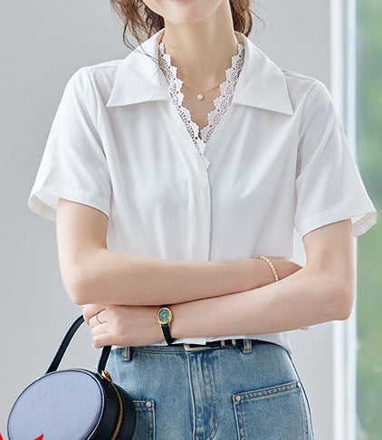 Women's White Lace Shirt - Short-Sleeved Lightweight Summer Top