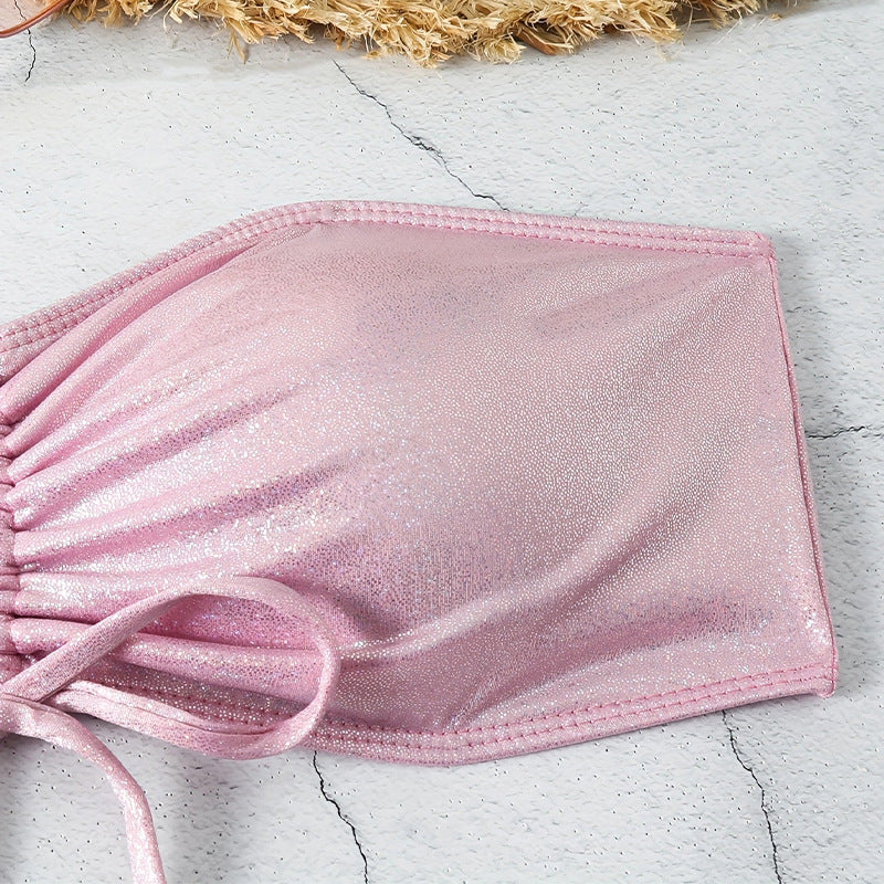 Bikini Split Swimsuit for Women - Drawstring Sling, Solid Color, Reflective Hot Spring Swimwear