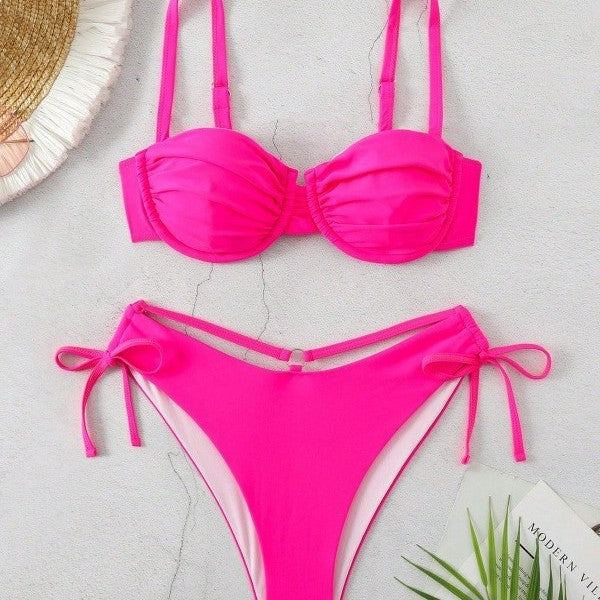 Women Solid Color Push-Up Bikini Set - Double Shoulder Strap Tie-Up Two-Piece Swimsuit for Women