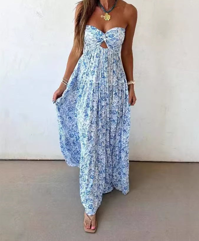 Women's Strapless Sleeveless Backless Floral Dress – Elegant Printed Summer Dress
