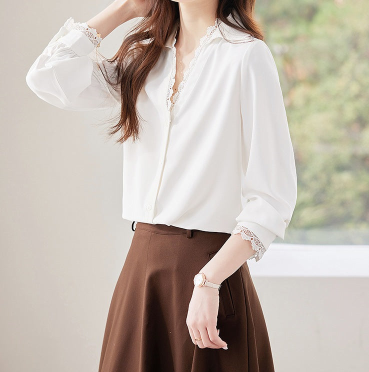 Women's White Chiffon V-Neck Blouse - Elegant Long-Sleeve Shirt