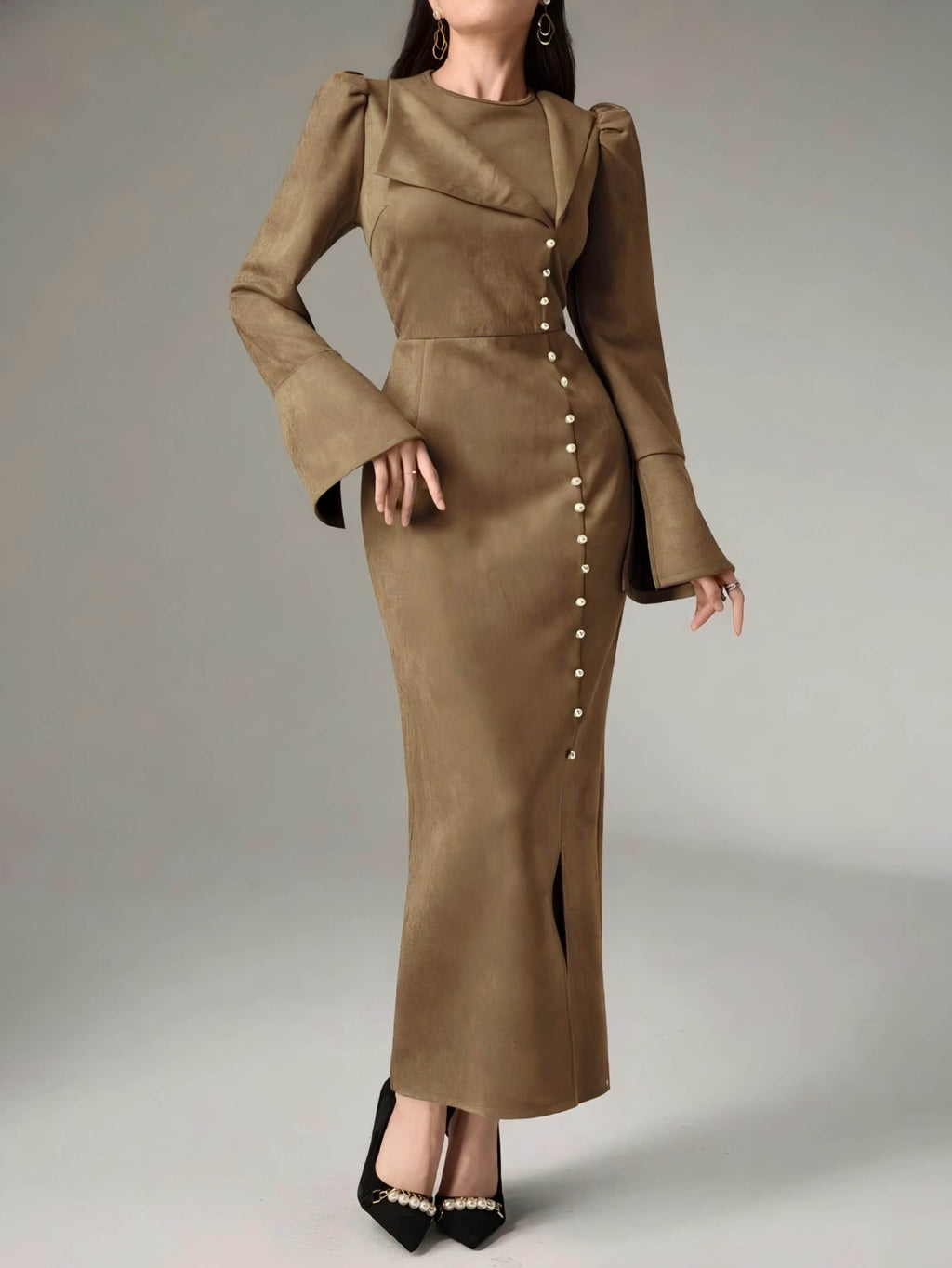 Women's Autumn & Winter High-Waisted Button Front Slit Long Dress with Elegant Tailored Fit