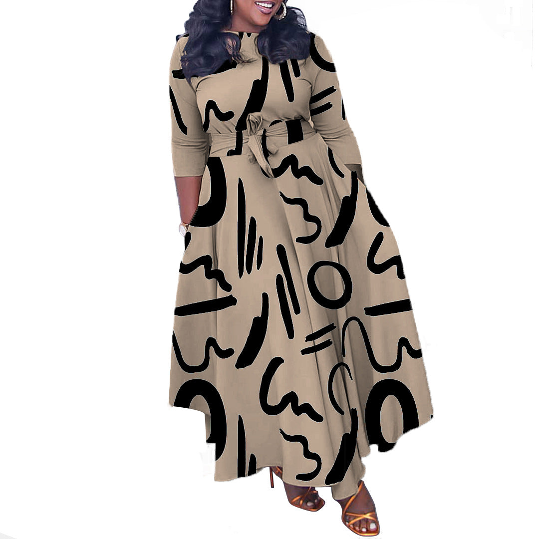 Autumn/Winter Elegant Tie-Waist African Print Long Dress – Plus Size Fashionable Foreign Trade Maxi Dress