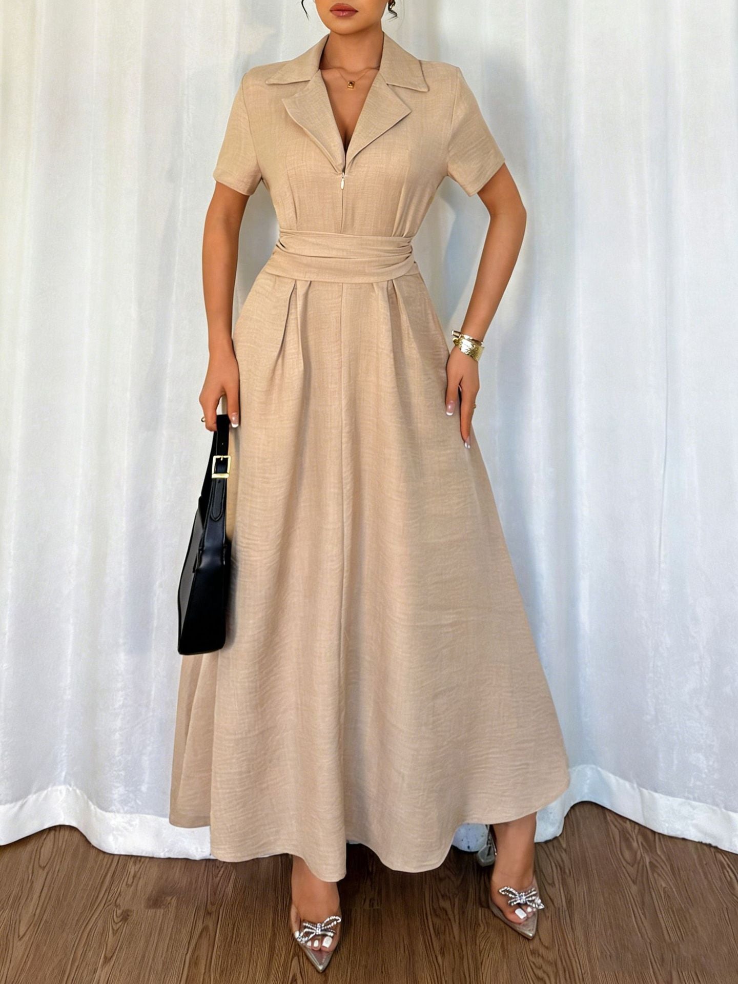 Apricot Women's Summer Dress – V-Neck Short Sleeve Cinched Waist Flowy Casual Midi Dress