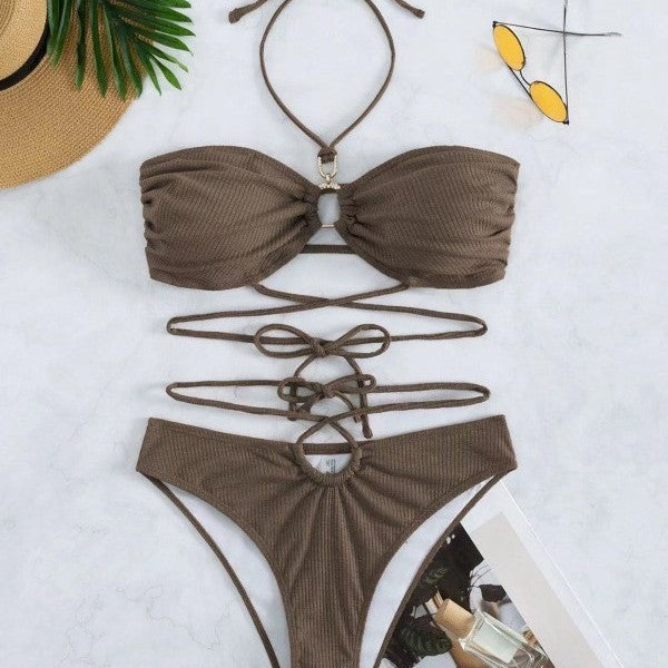 Solid Color Ring Lace Neck Bikini Split Swimsuit