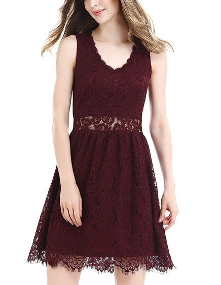 Women vV-Neck Lace-Up Pleated Skirt Dress