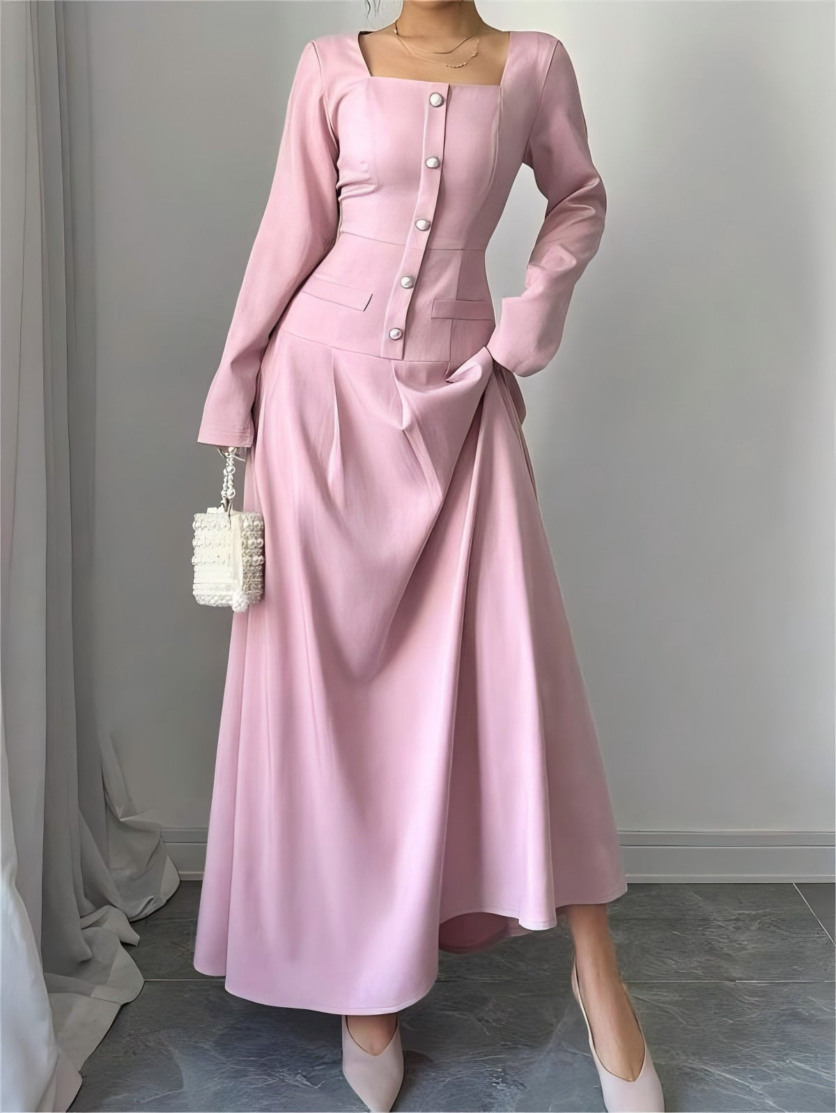 Women's Elegant Long Sleeve Button-Up Maxi Dress – Solid Color Spring Casual Dress